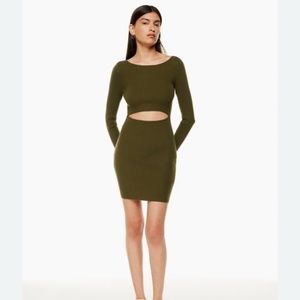 Aritzia Wilfred Free Cut-Out Knit Longsleeve Mini Dress, olive green body con XS